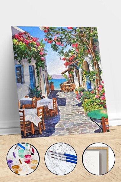 Pastelya Sayılarla Boyama Seti Çerçeveli Kasnaklı Bodrum Taş Sokağı 60 X 75 Cm