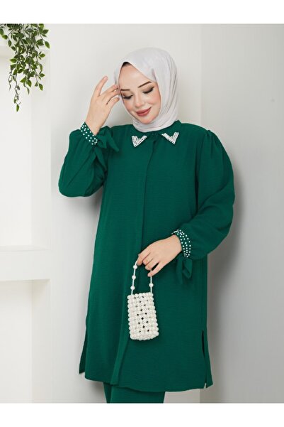 asyadabutik Σετ Μεγάλου Μεγέθους Μαργαριτάρι Χάντρες Διπλό Χιτζάμπ - Κολάρα και μανσέτες