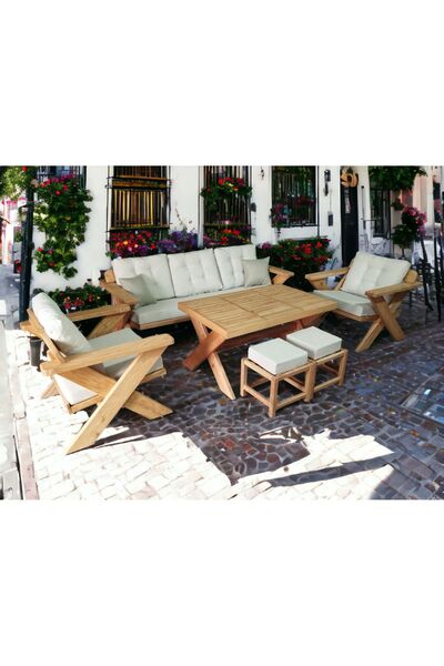 zerkaconcept Berlin Masif Ahşap Bahçe Balkon Koltuk Kestane Ağacı 3+1+1 Koltuk, Masa ve Puf Takımı Krem A.T