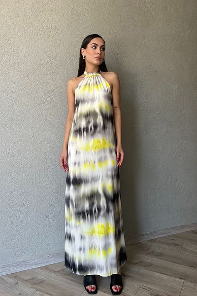 Seda Yalçın Atelier فستان طويل بياقة رسن أصفر ملون