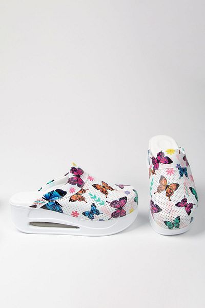 SABOTERLİK Butterfly Patterned Wedge Heeled Orthopedic Hospital Nurse Women's Slippers White