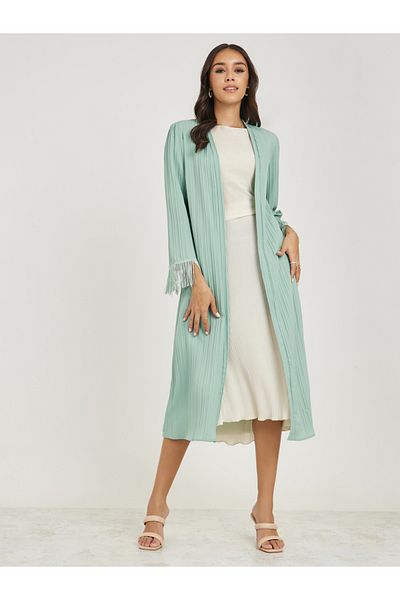 Styli Textured Midi Kimono with Fringe Detail