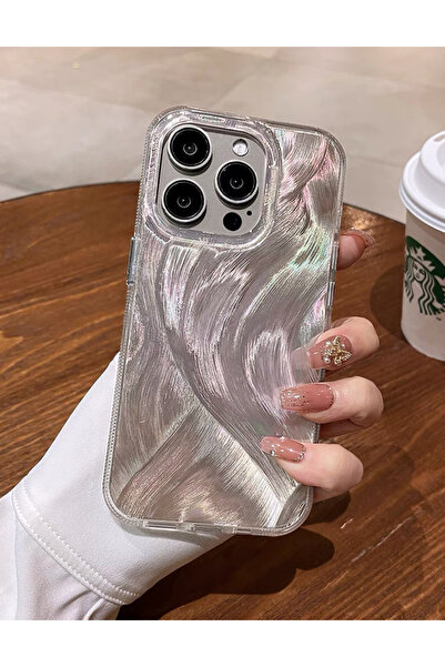 EDELFU iPhone 14 Pro Max Titanyum Renk Tüy Desenli Yanları Silikon Darbeye Da...