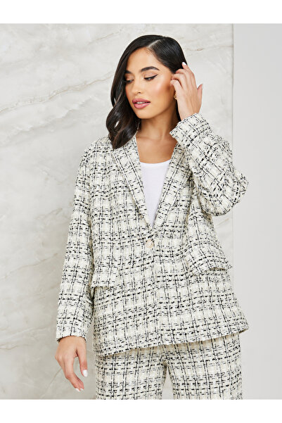 Styli Regular Fit Single Breasted Tweed Blazer With Pockets