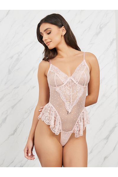 Styli Spot Lace Mesh Underwired Bodysuit with Ruffle Trim Detail