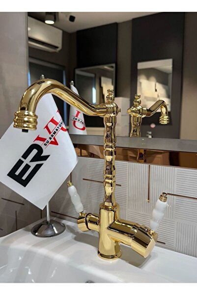 Ervu Yapı Altın Gold Arıtmalı Rustik Mutfak Eviye Musluk (SICAK SOĞUK GİRİŞLİ, PİRİNÇ MALZEME) 5yıl Garantili