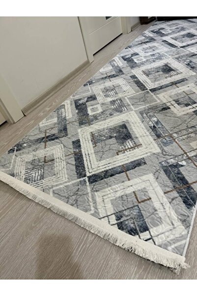 Dinarsu Jel Kaymaz Halı Anka Indigo Mavi Kaymaz Taban Yolluk Yıkanabilir Halı Saçaklı