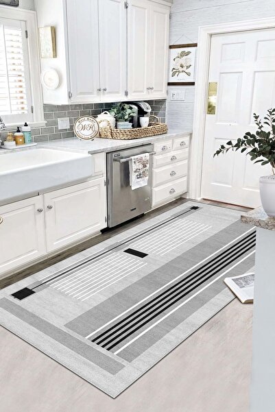 Confidence Home Makinede Yıkanabilir Kaymaz Taban Leke Tutmaz Gri Çizgili Sal...