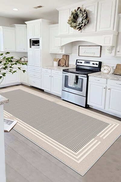 Lavita Home Makinede Yıkanabilir Kaymaz Taban Leke Tutmaz Bej Çizgili Salon H...