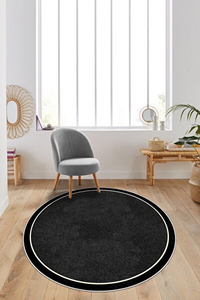 Lavita Home Dijital Baskı Yıkanabilir Kaymaz Siyah Yuvarlak Salon Halısı Mutf...