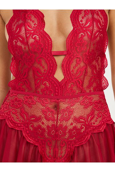 Styli All Lace Detail Deep Plunge Neck Low Back Bodysuit with Ruffle Hem