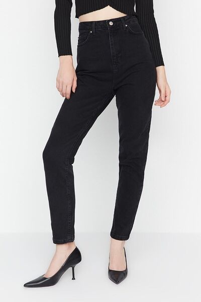 ByCukurovaFrango Pantaloni negri cu talie înaltă din lycra Mom Jeans Buggytrend