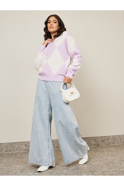 Styli Oversized Longline Argyle Pattern Sweater