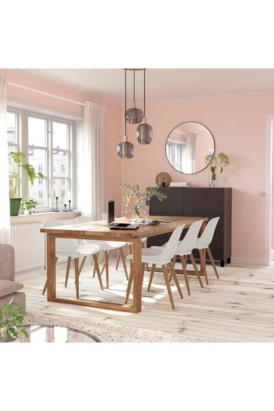 IKEA yemek masası takımı, meşe kaplama/kahverengi-beyaz, 6 sandalyeli okaliptüs ağacı