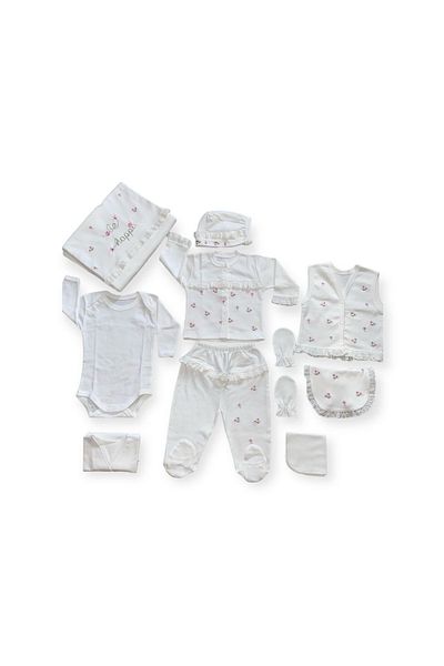Gaye Bebe BE HAPPY FLOWER EMBROIDERED GIPURE DETAIL 100% COTTON ANTIBACTERY 10-Piece HOSPITAL EXIT SET