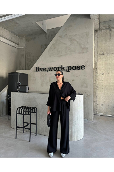 Laluvia Black Textured Shirt and Pants Set