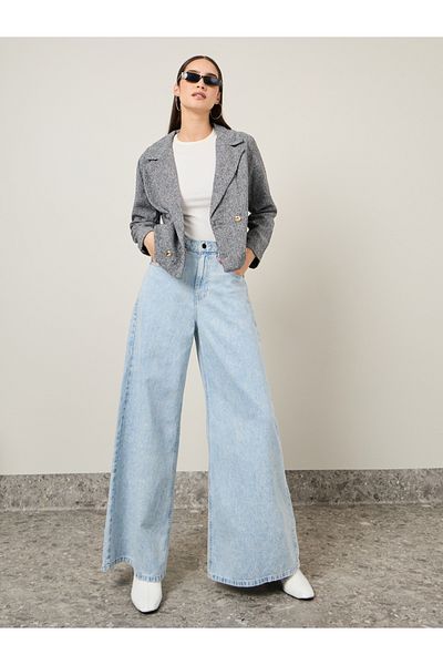 Styli Regular Fit Double Breasted Short Tweed Blazer