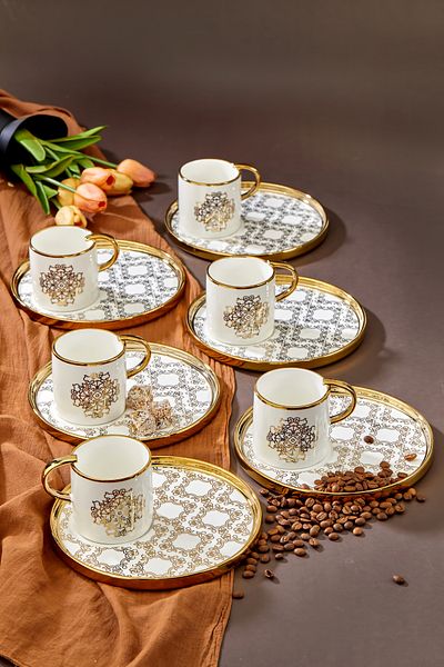 Vadi Carmen 6 Person - Authentic Patterned Coffee Cup Set with Porcelain Gold Detail