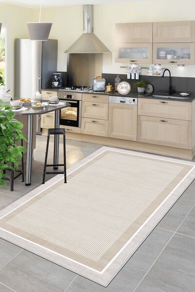 Lavita Home Makinede Yıkanabilir Kaymaz Taban Leke Tutmaz Bej Çizgili Salon H...