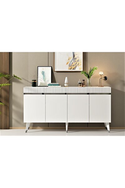 zerkaconcept Apollon Konsol  Tv Sehpası Çok Amaçlı Dolap Beyaz Gümüş