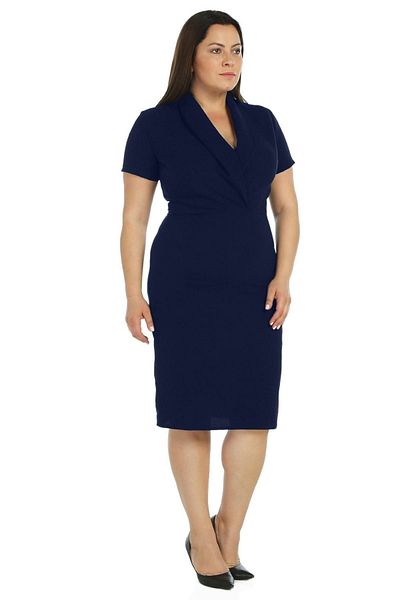 Nidya Moda Women's Navy Blue Double Breasted Collar Evening Dress Plus Size Dress