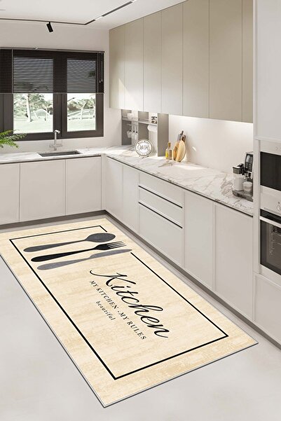 Confidence Home Makinede Yıkanabilir Kaymaz Taban Leke Tutmaz Bej Mutfak Halı...
