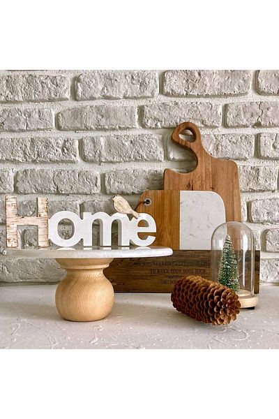Akayev Marble 25 Cm White Round Presentation Plate with Wooden Legs