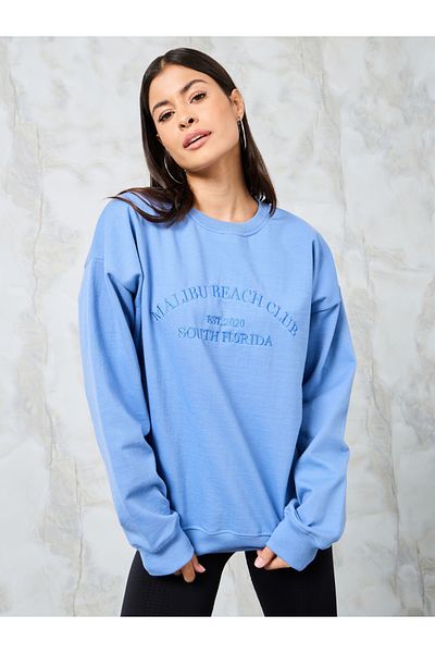 Styli Oversized Embroidered Slogan Cotton Sweatshirt