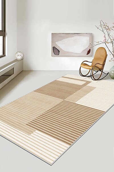 Lavita Home Makinede Yıkanabilir Kaymaz Taban Leke Tutmaz Bej Çizgili Salon H...