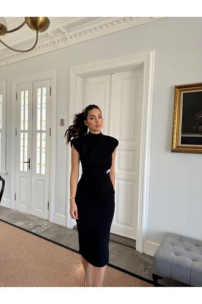 Mekafashion Garcia 45782 Model - Μαύρο αμάνικο φόρεμα με λεπτομέρεια μισό λαιμό