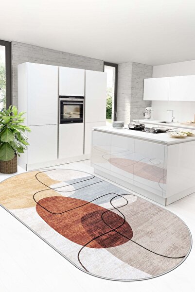 Lavita Home Dijital Baskı Yıkanabilir Kaymaz Bej Oval Salon Halısı Mutfak Hal...