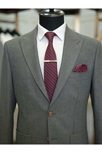 LONATOLİA Erkek Takım Elbise Premium Yarım Astarlı Punto Dikişli Torba Cepli Slim Fit Italyan Stil-füme