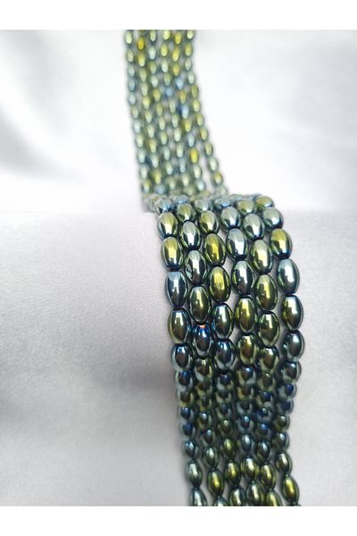 Yüksel Boncuk Green Hematite Stone - 6x9 mm Barley Cut, Natural Stone String