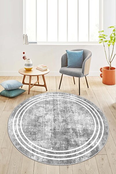 Lavita Home Dijital Baskı Yıkanabili Kaymaz Gri Yuvarlak Salon Halısı Mutfak ...