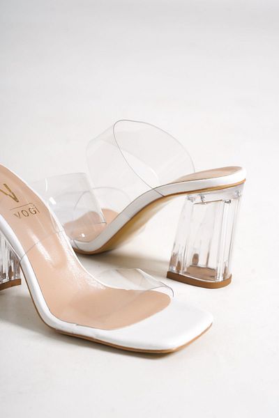 Shoesers Women's Double Banded and Transparent Heel Detailed Medium Heel Slippers