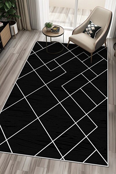 Lavita Home Dijital Baskı Yıkanabilir Kaymaz Siyah Salon Halısı Mutfak Halısı...