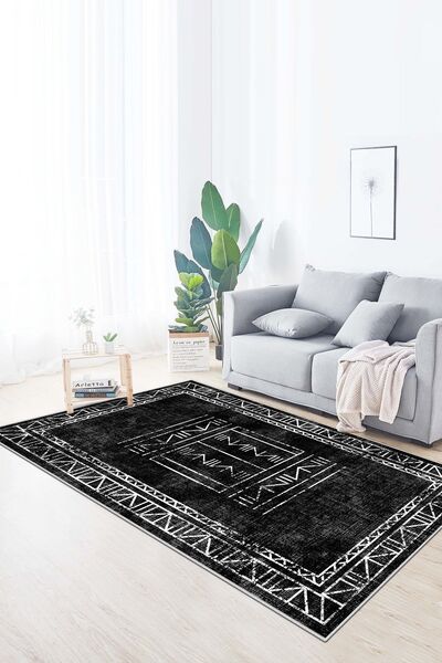 Lavita Home Dijital Baskı Yıkanabilir Kaymaz Siyah Salon Halısı Mutfak Halısı...