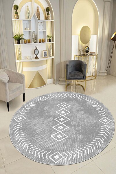 Lavita Home Dijital Baskı Yıkanabili Kaymaz Gri Yuvarlak Salon Halısı Mutfak ...