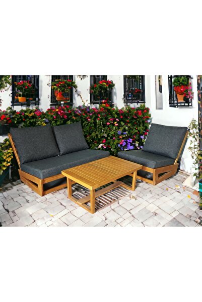 zerkaconcept Bahçe Balkon Masif Çam Ahşap Koltuk Takımı 1 Adet Ikili 1 Adet T...