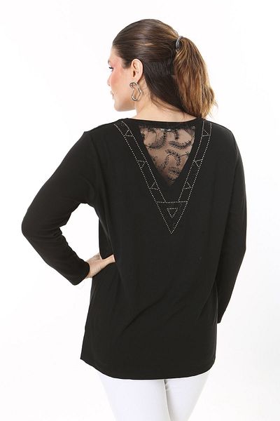 Şans Women's Large Size Black Back Stone And Sequin Sequin Tulle Detailed Long Sleeve Blouse 65N37691