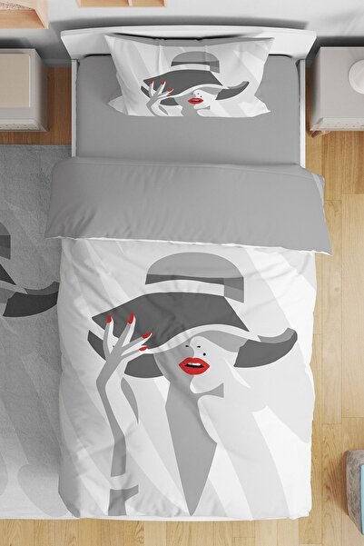 EVPANYA Gri Kadın Silüeti Desenli Tek Kişilik Bebek Çocuk Nevresim Seti