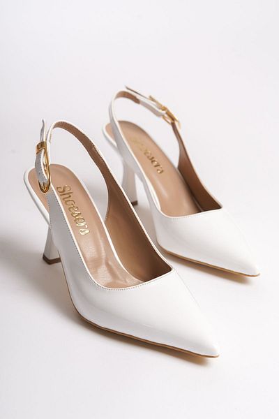 Shoesers White Patent Leather Stiletto - Ankle Strap, Wide Metal Buckle Detail