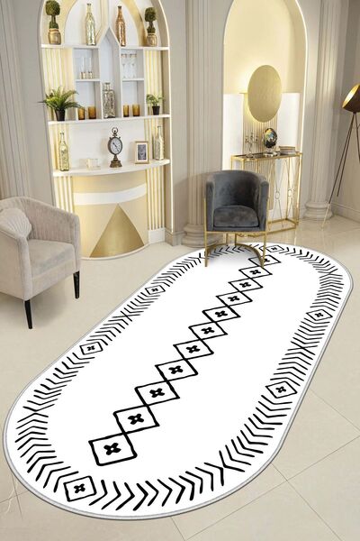 Lavita Home Dijital Baskı Yıkanabilir Beyaz Oval Salon Halısı