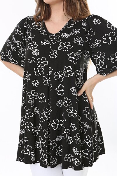 Şans Women's Large Size Black Front A Pleated V-Neck Tunic 65N37793