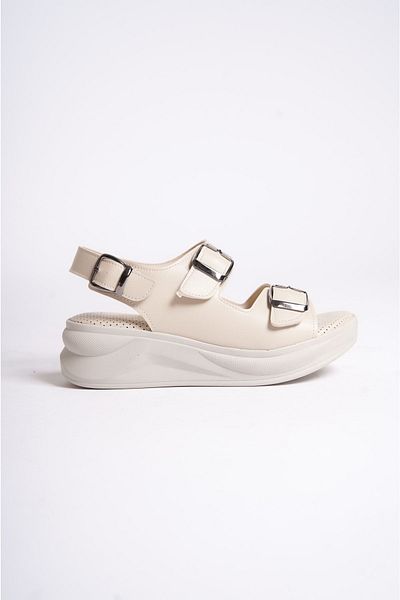 Shoesers Sandale cu talpă groasă pentru femei, cu toc cu pană, cu curele duble, cu cataramă, bej