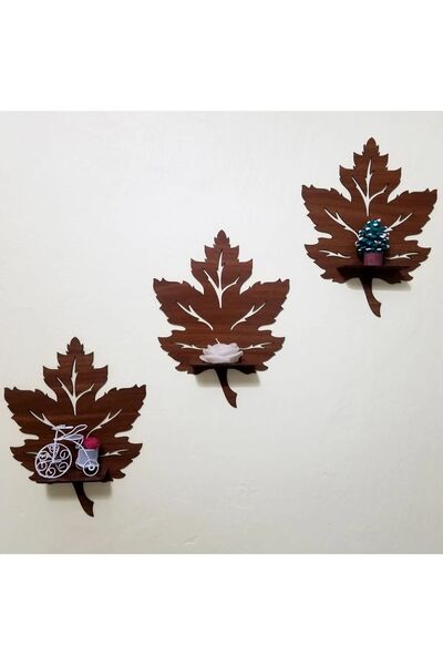 zanfagroup Dekoratif 3'lüAhşap Duvar Süsü Rafı Yaprak Mumluk Duvar Dekoru Aplik Tablo