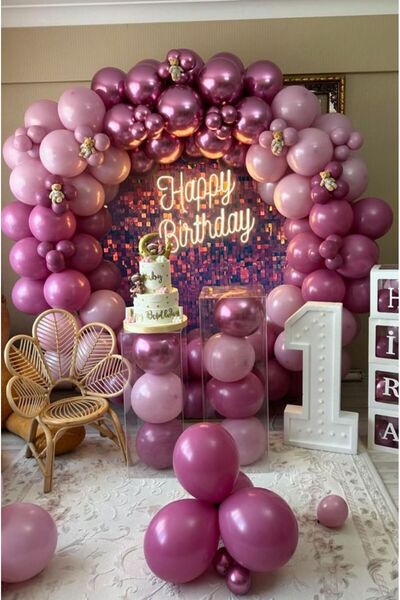 Çemrek Süs Parti Wild Strawberry Powder Pink Chrome Pink Balloon Chain Set of...