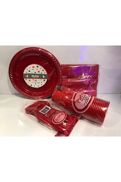 Genel Markalar Plastik Kullan At Doğum Günü Tabak Bardak Çatal Peçete(Kırmızı)