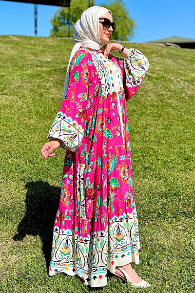 julude Fuchsia Viscose Hijab Dress - Buttoned and Patterned