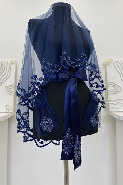 ZEYMERADE Lacivert Gelin Duvak Seti, Cam Boncuk Ve Pul Baskılı Kına Duvağı Se...